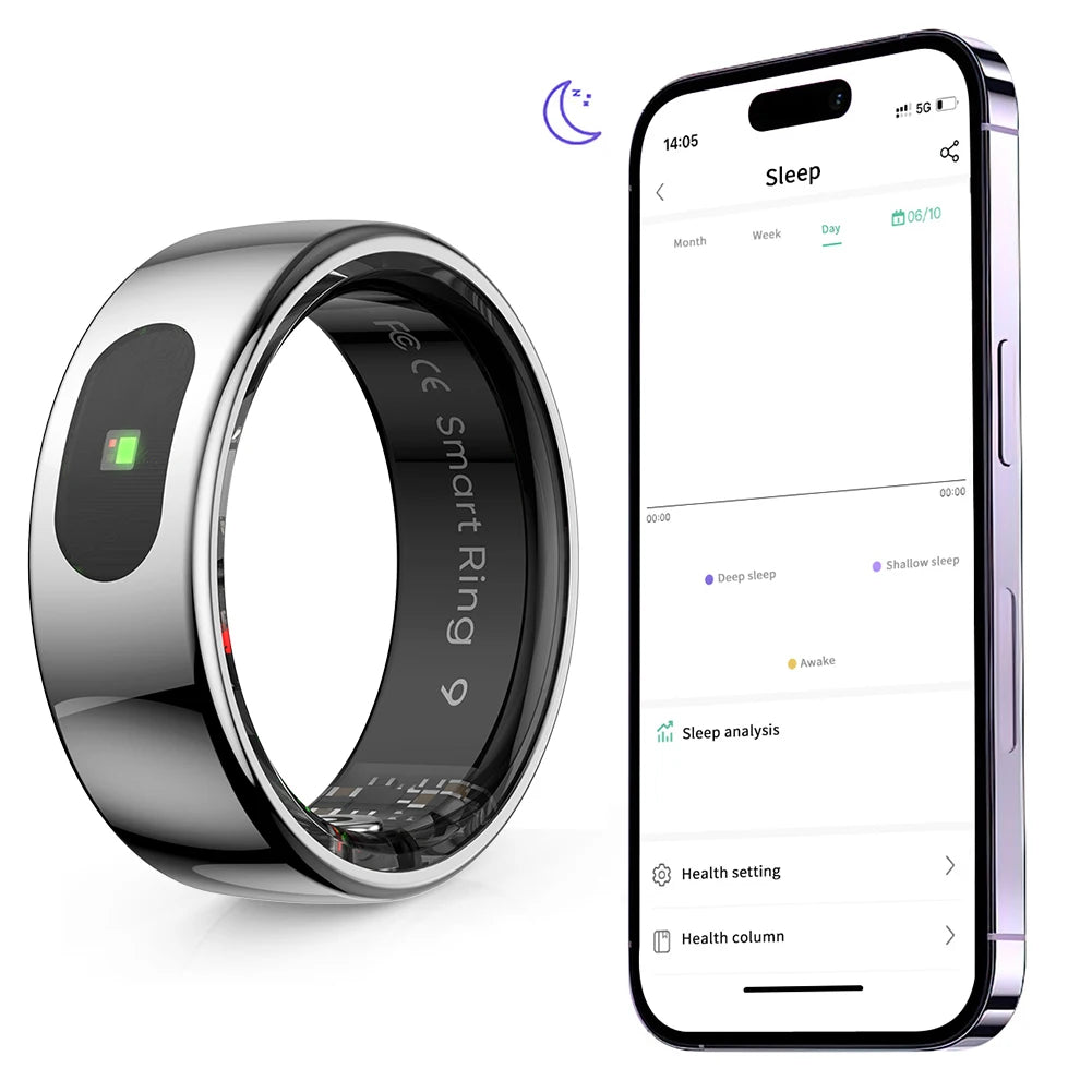Smart Ring R08: Health and Sleep Monitoring Fitness Tracker, 5ATM Waterproof with Charging Case for Xiaomi and Samsung Devices