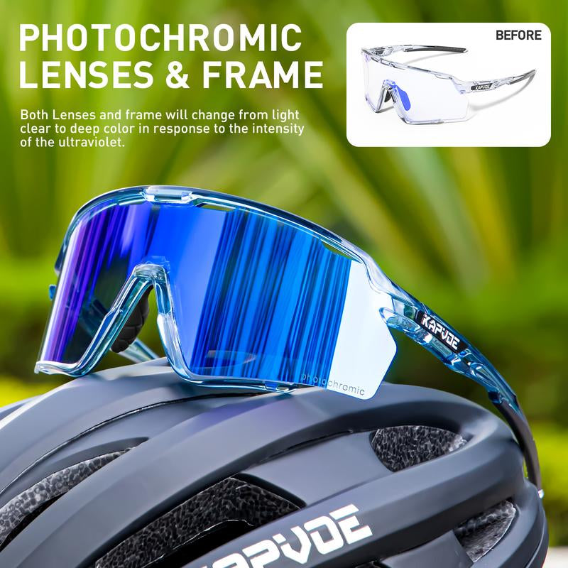 KAPVOE New World Premiere Photochromic Frames and Photochromic Glasses Men Women Bike Cycling Glasses UV400 Bicycle Riding Sunglasses Outdoor Sport Eyewear Driving Goggles