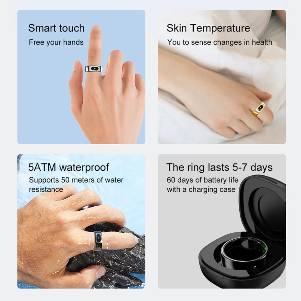 Smart Ring R08: Health and Sleep Monitoring Fitness Tracker, 5ATM Waterproof with Charging Case for Xiaomi and Samsung Devices