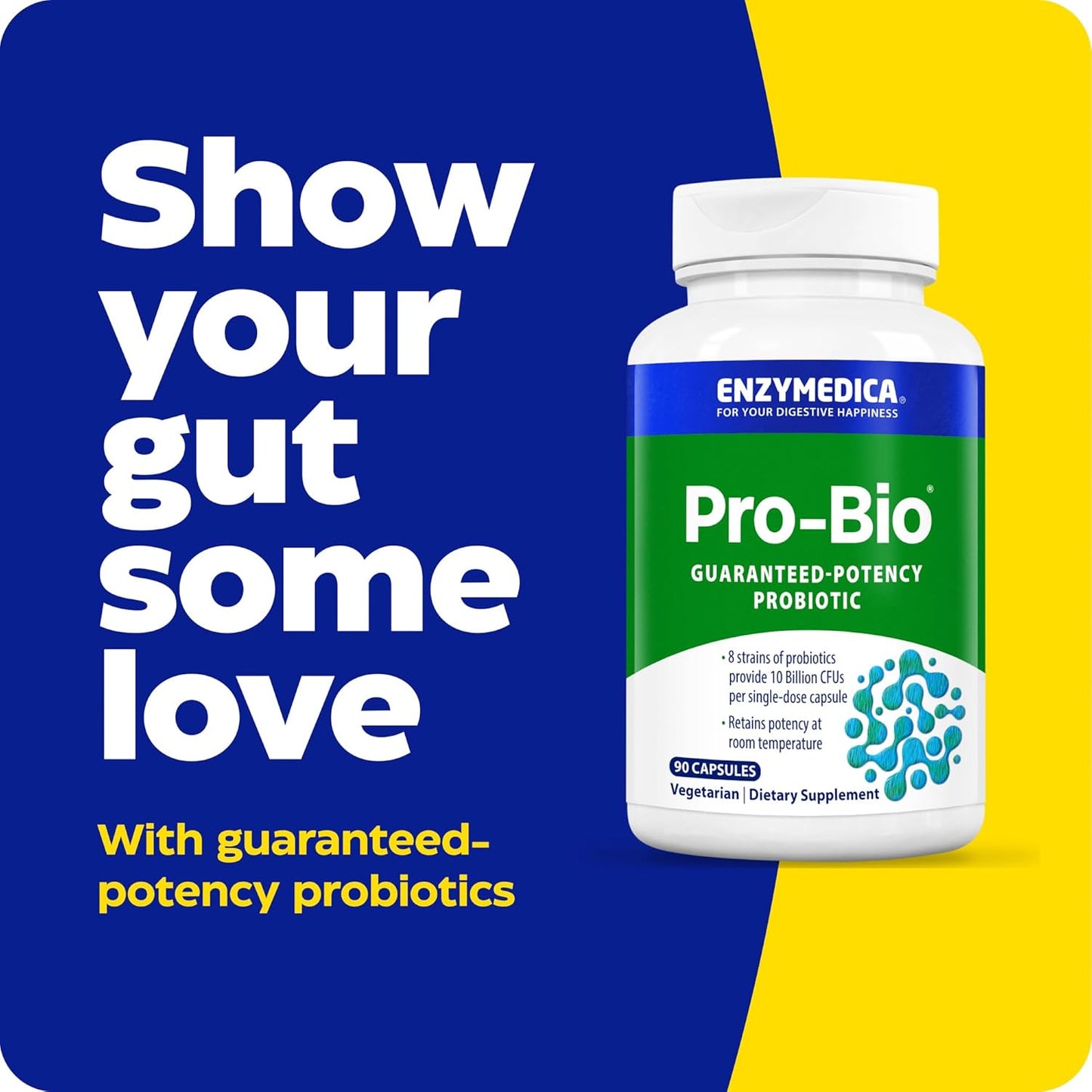 Enzymedica Pro-Bio Shelf-Stable Stomach-Acid Resistant Probiotic for Optimal Digestive Health, 10 Billion CFU, 90 Capsules