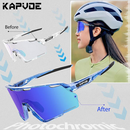 KAPVOE New World Premiere Photochromic Frames and Photochromic Glasses Men Women Bike Cycling Glasses UV400 Bicycle Riding Sunglasses Outdoor Sport Eyewear Driving Goggles