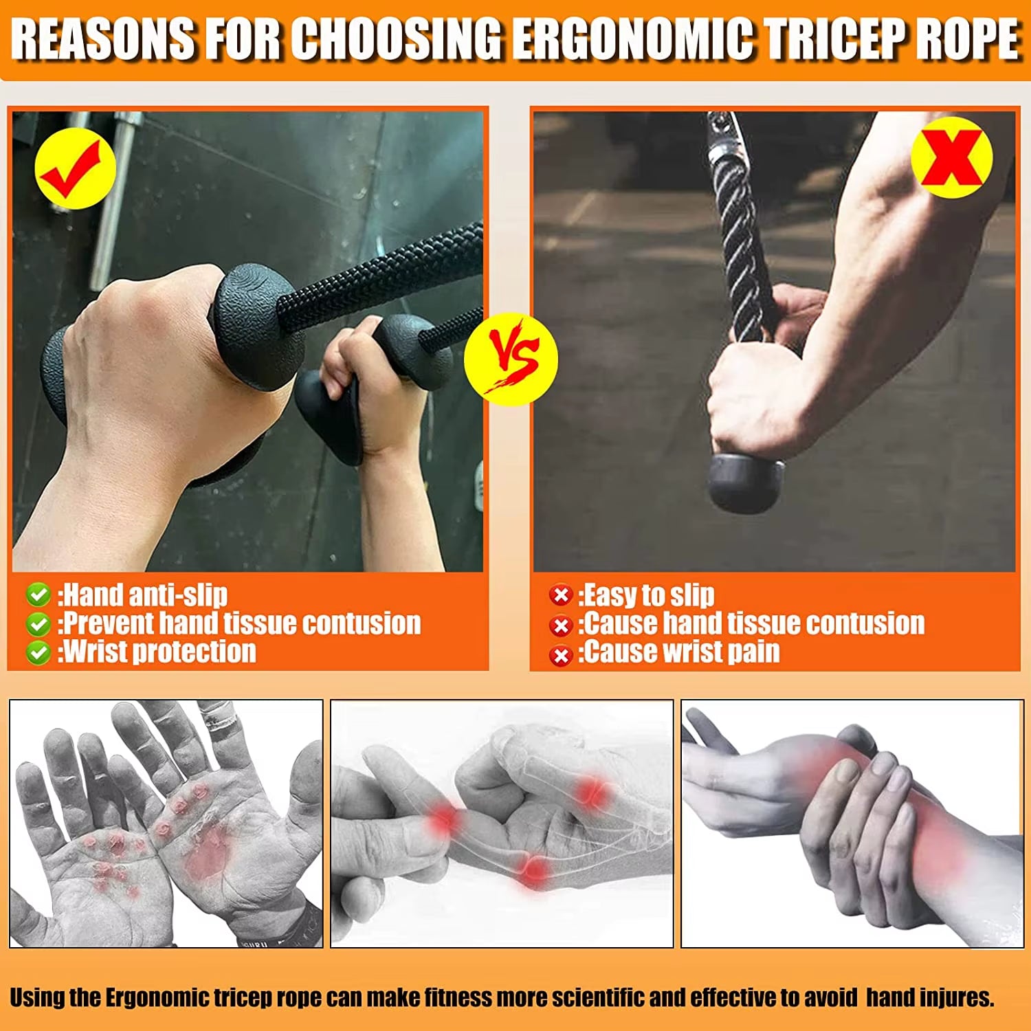 Fitness Biceps and Triceps Rope Pull Down Grip Handles for Cable Machines - Muscle Building Pulley Attachment for Back Exercises